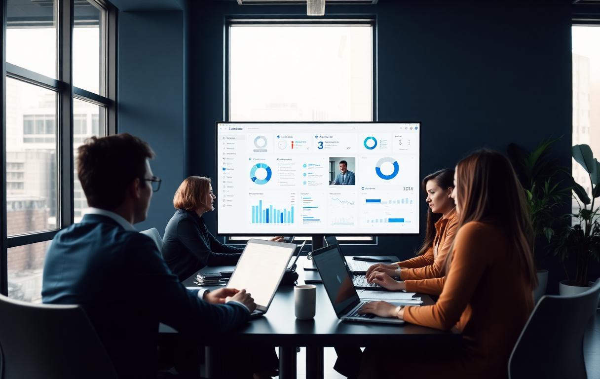 Equipo administrativo trabajando con tableros de gestión