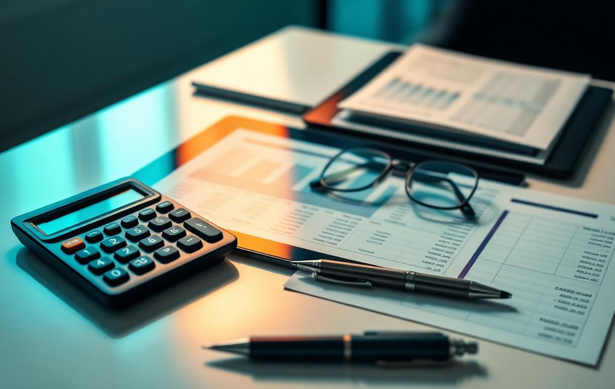 Escritorio contable con calculadora y documentos de nómina
